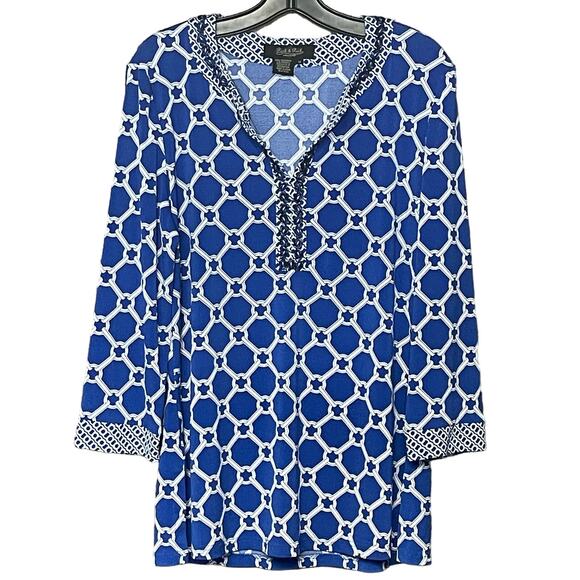 Peck & Peck Tops - Peck & Peck Collection pullover top beaded blue white vneck beachy women’s 12
